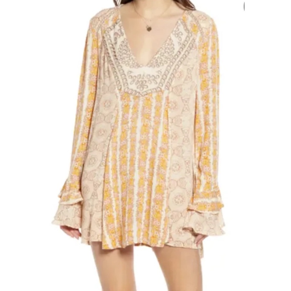 Free People Fallin Into You Tunic Mini Dress in Natural Combo Medium $128